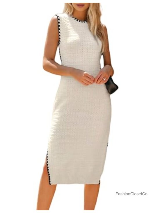 Dresses & Skirts - Sleeveless Bodycon Tank Dress Crew Neck Midi Side Slit Knit